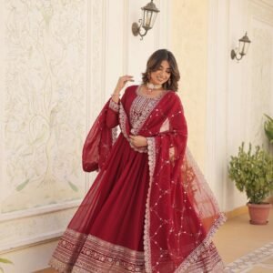 Maroon Faux Blooming Sequins Embroidered Gown with Matching Dupatta ? Festive & Party Wear 2024