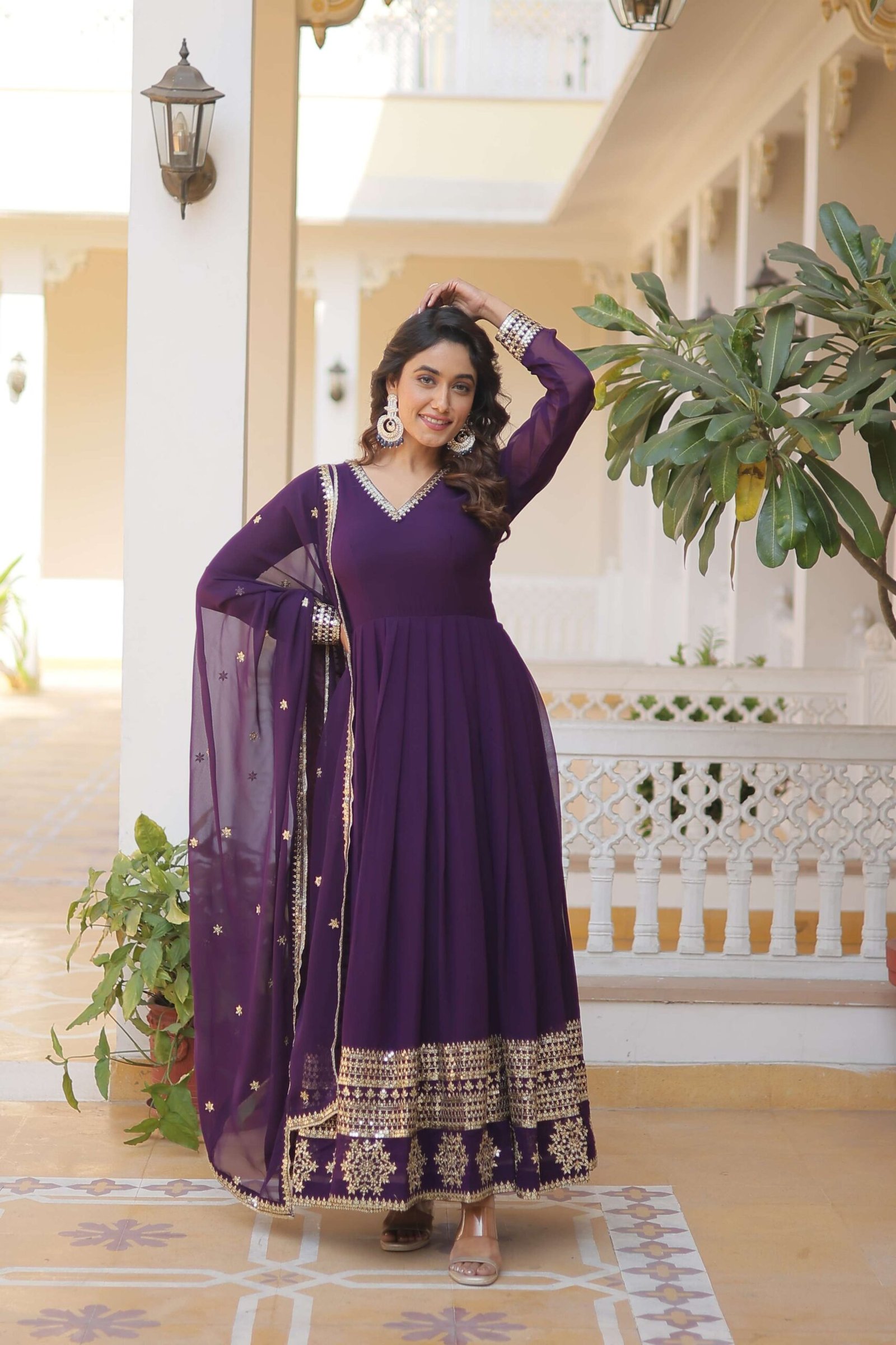 Purple Faux Blooming Gown with Sequined Dupatta ? Elegant Fully Flared Party & Wedding Set