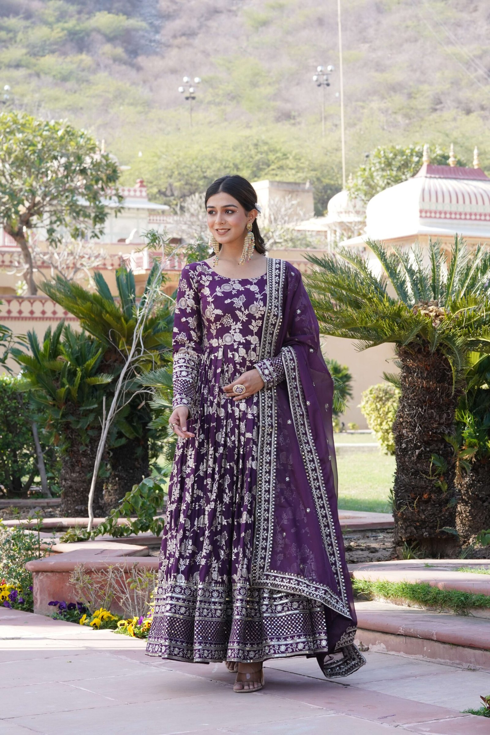 Wine Viscose Dyable Jacquard Gown with Russian Silk Sequined Dupatta ? Elegant Party & Wedding Set