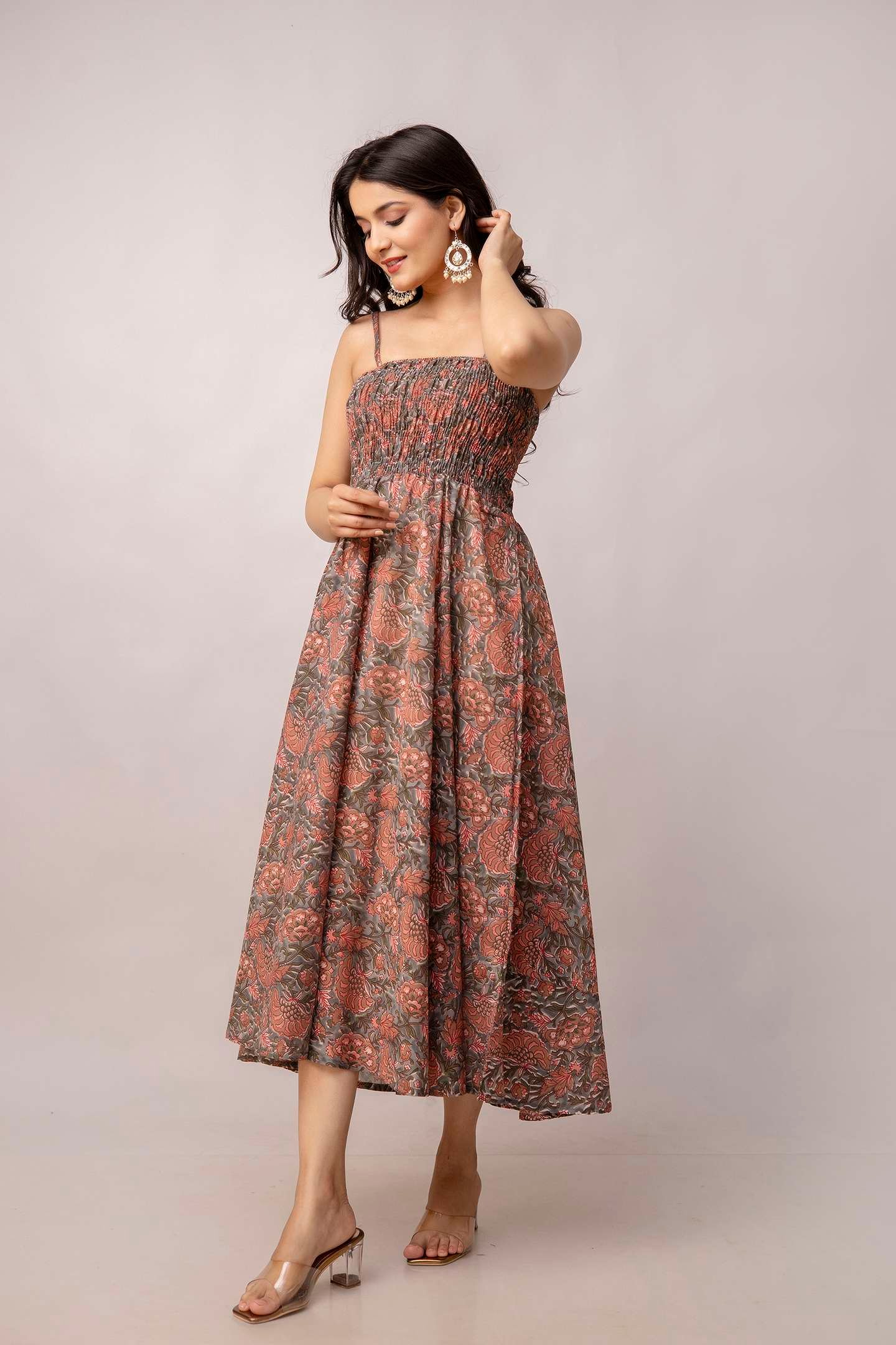 Women's Silk Printed Shoulder Straps Sleeveless Anarkali Gown Drees (Light Maroon-SUI)