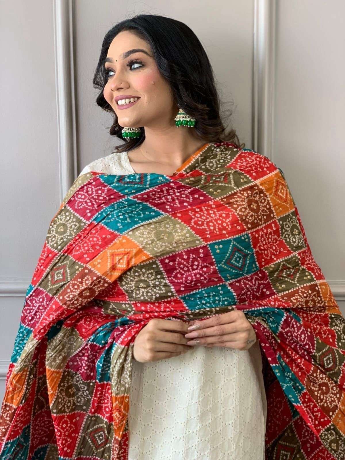 Women's Cotton Chikankari Print Straight Kurti with Pant andMulmul Dupatta Set