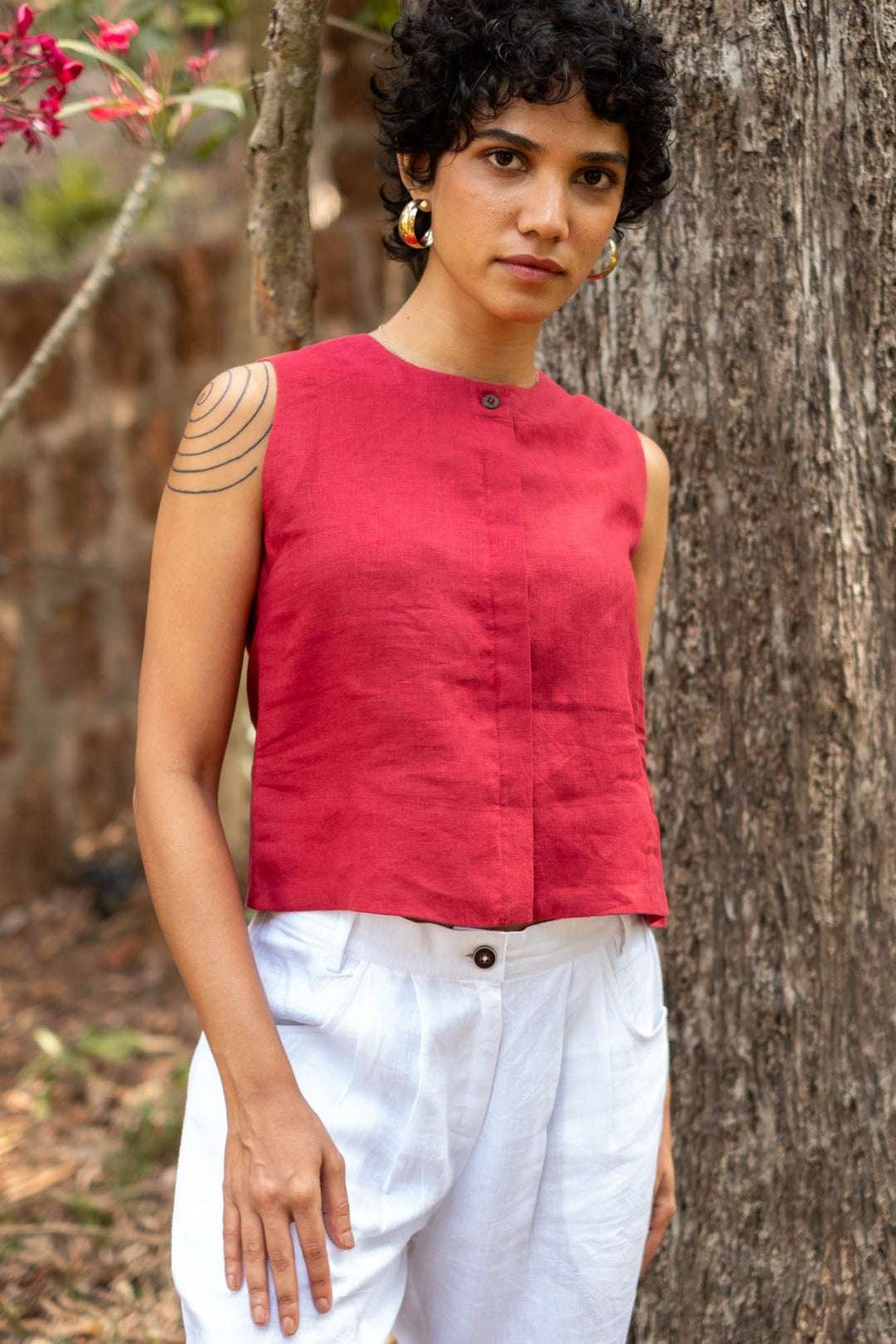 Women's Cotton Solid V Neck Sleeveless 2 Piece Outfit Loose Tank Top and Wide Leg Palazzo Pants Sets cord set ( Maroon White )