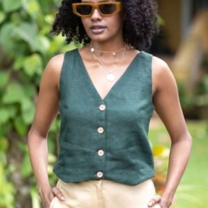 Women's Cotton Solid V Neck Sleeveless 2 Piece Outfit Loose Tank Top and Wide Leg Palazzo Pants Sets cord set ( Green )