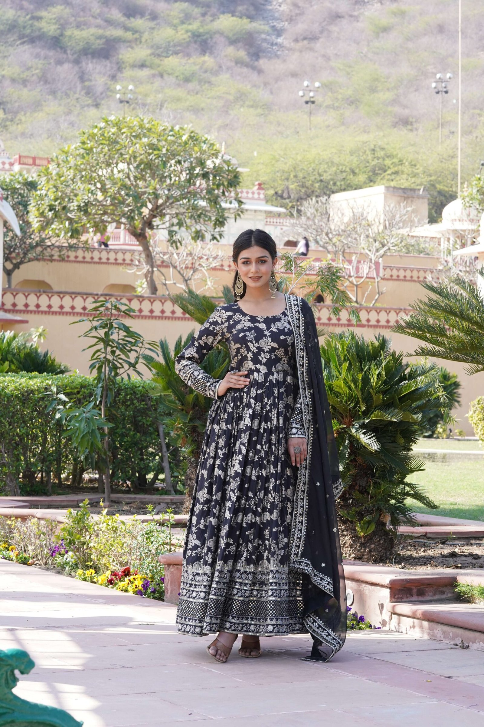 Black Viscose Dyable Jacquard Gown with Russian Silk Sequined Dupatta ? Elegant Party & Wedding Set - Image 3