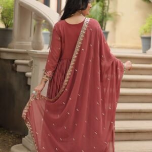 Coffee Faux Georgette Sequins Embroidered Kurti with Sharara & Dupatta Set