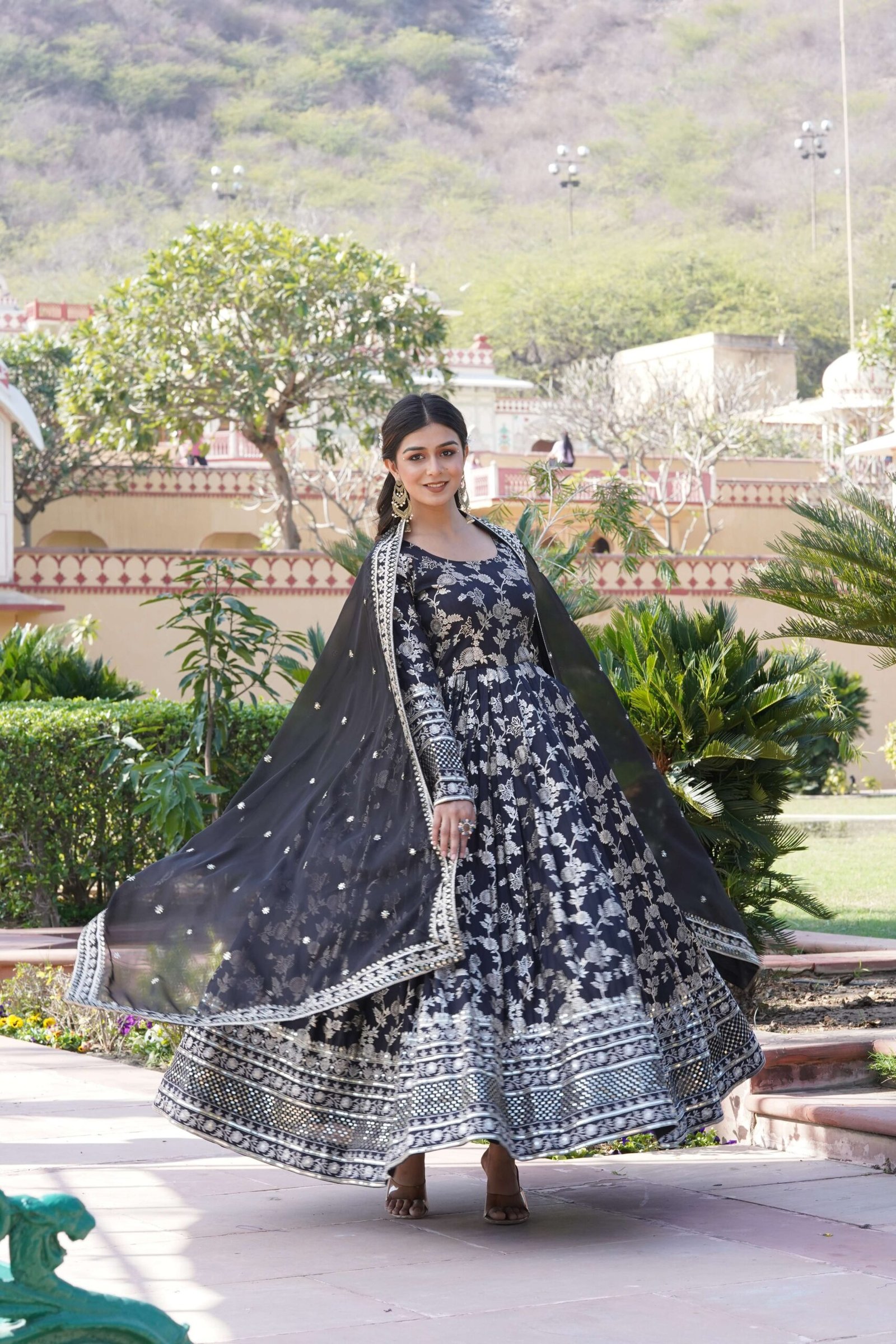 Black Viscose Dyable Jacquard Gown with Russian Silk Sequined Dupatta ? Elegant Party & Wedding Set - Image 5