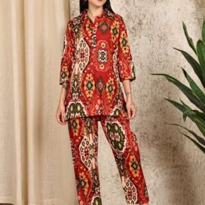 Women's Pure Cotton Printed Collared Top and Pant Co-ord Set (Multti Color3)