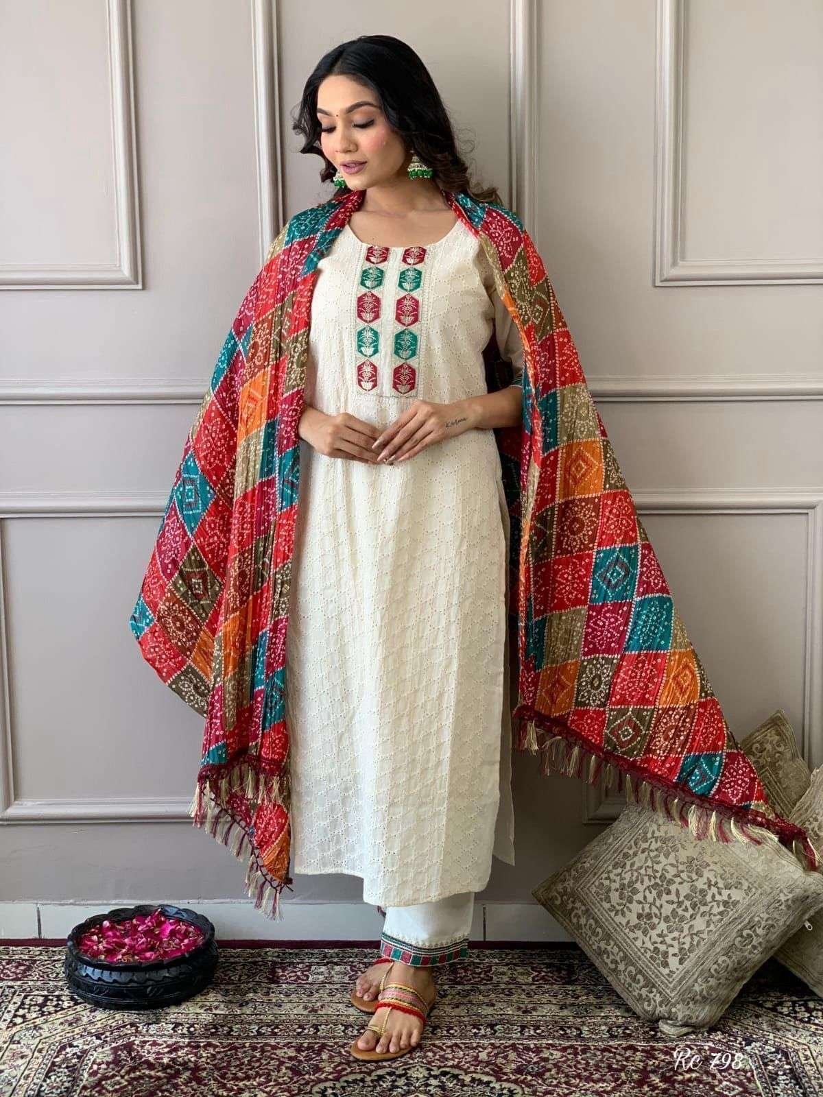 Women's Cotton Chikankari Print Straight Kurti with Pant andMulmul Dupatta Set - Image 2