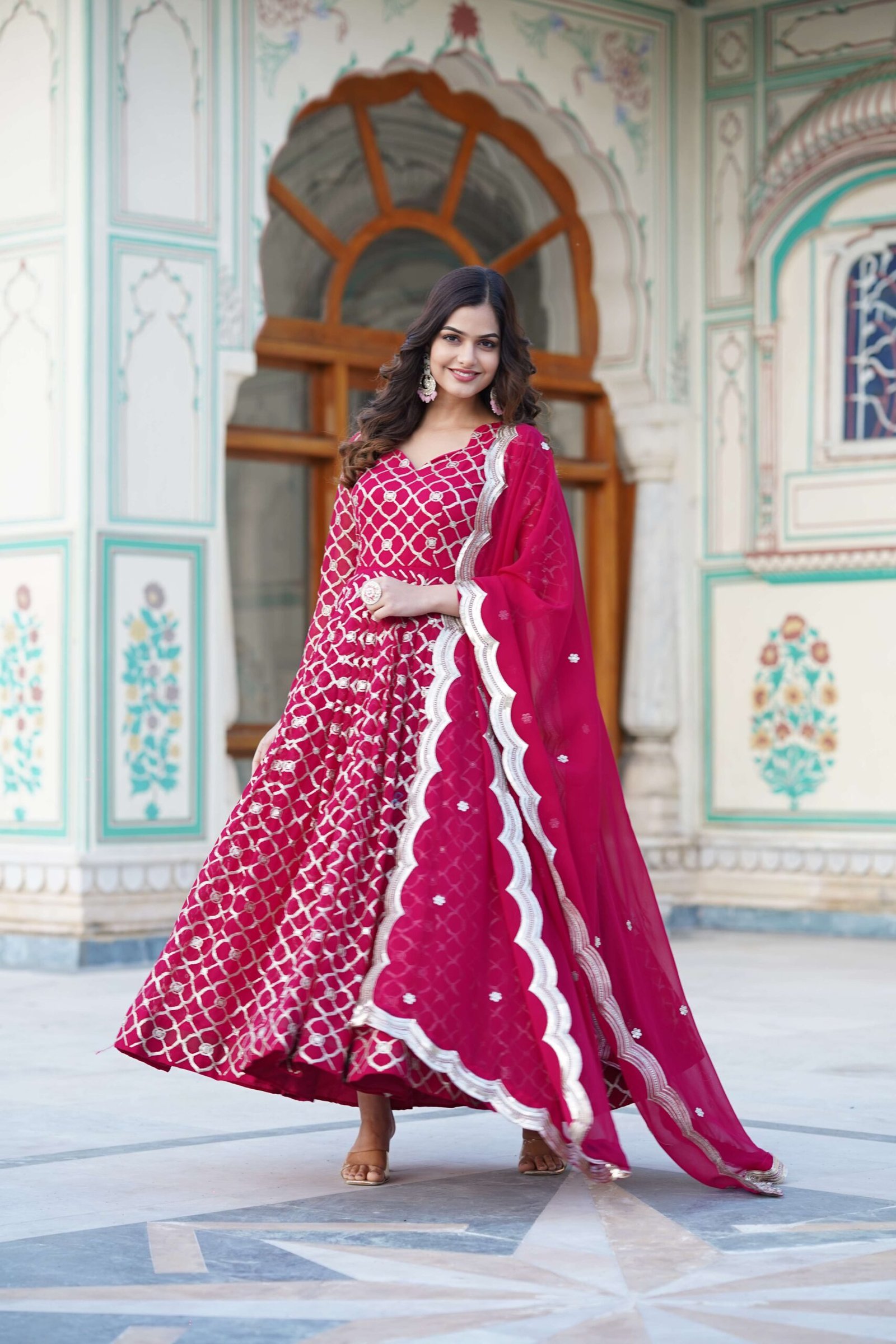 Pink Faux Blooming Designer Gown with Sequined Dupatta ? Elegant Fully Flared Party & Wedding Set - Image 5