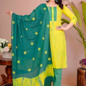 Women's Yellow & Green Cotton Tie-Dye Straight Kurti with Pant & Dupatta Set