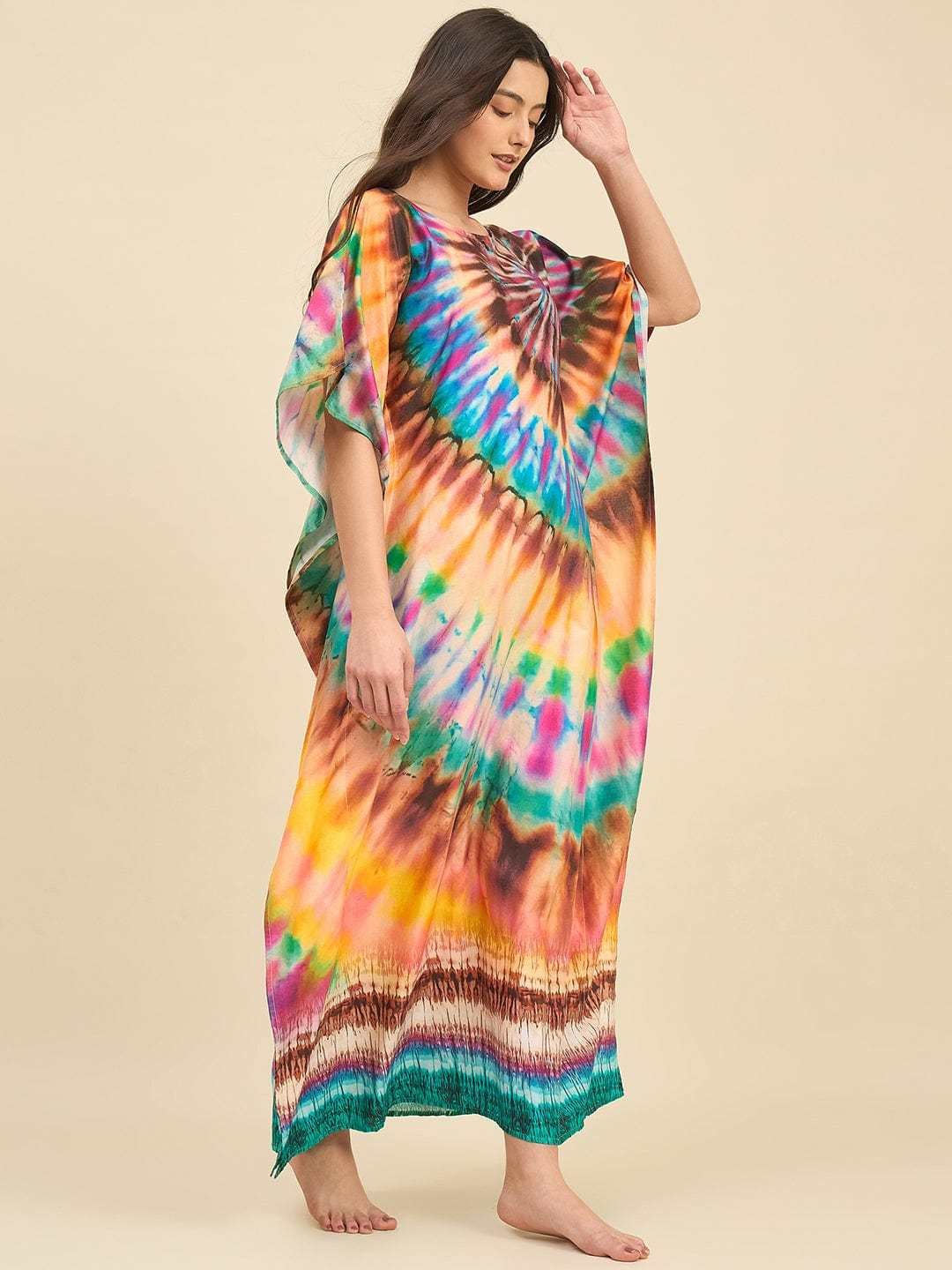 Women's Cotton Tie Dye Print Flowing Bell Sleeves Full Length Kaftan Drees Casual Beach Wear ( Turquoise Yellow ) - Image 4