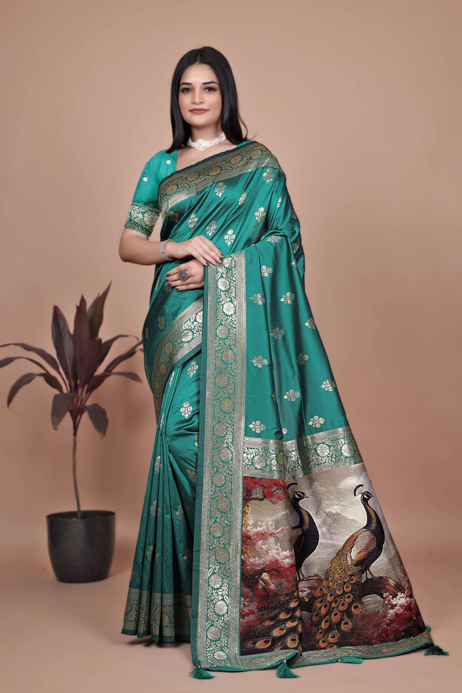 Emerald Green Banarasi Silk Saree with Golden Zari & Peacock Pallu | Wedding, Festive & Traditional Wear