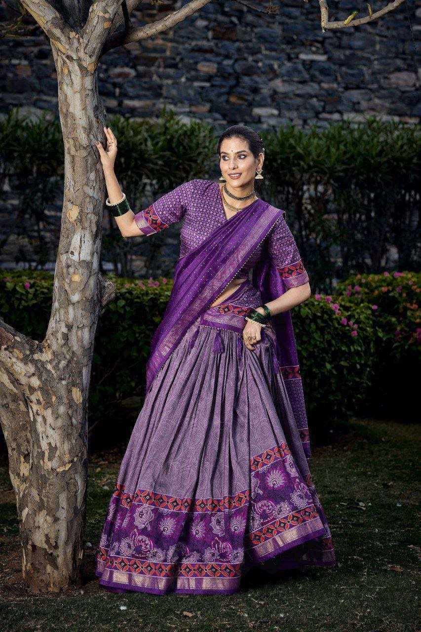 Purple Tussar Silk Lehenga Choli with Purple Blouse | Floral & Foil Print | Wedding & Festive Wear - Image 2