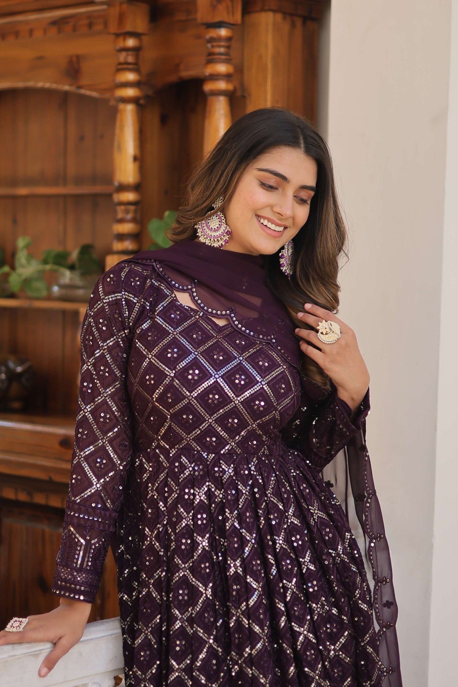 Wine Faux Blooming Designer Gown with Sequined Dupatta ? Elegant Fully Flared Party & Wedding Set