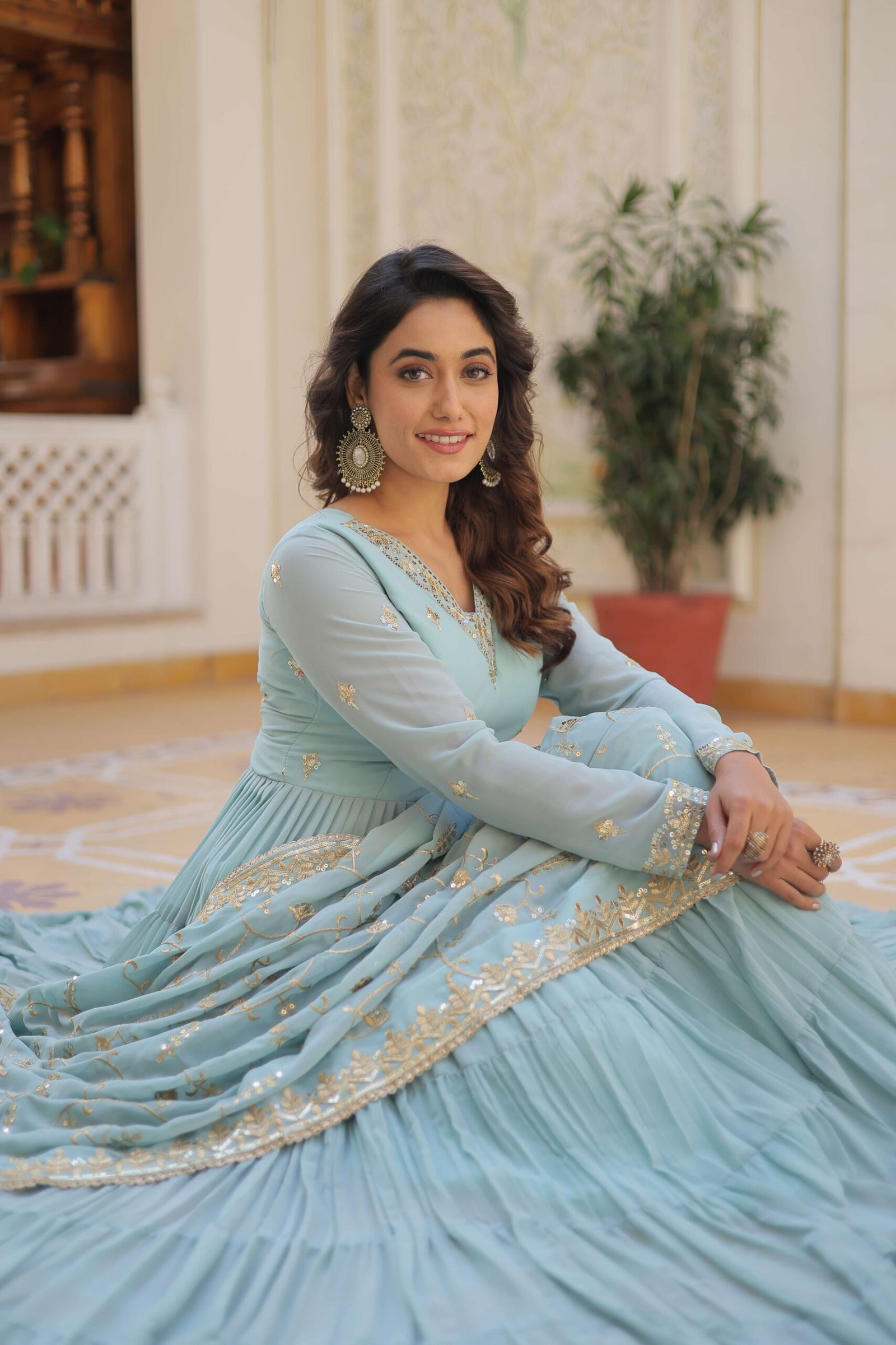 SKY Faux Georgette Designer Gown with Sequined Dupatta ? Elegant Fully Flared Party & Wedding Set