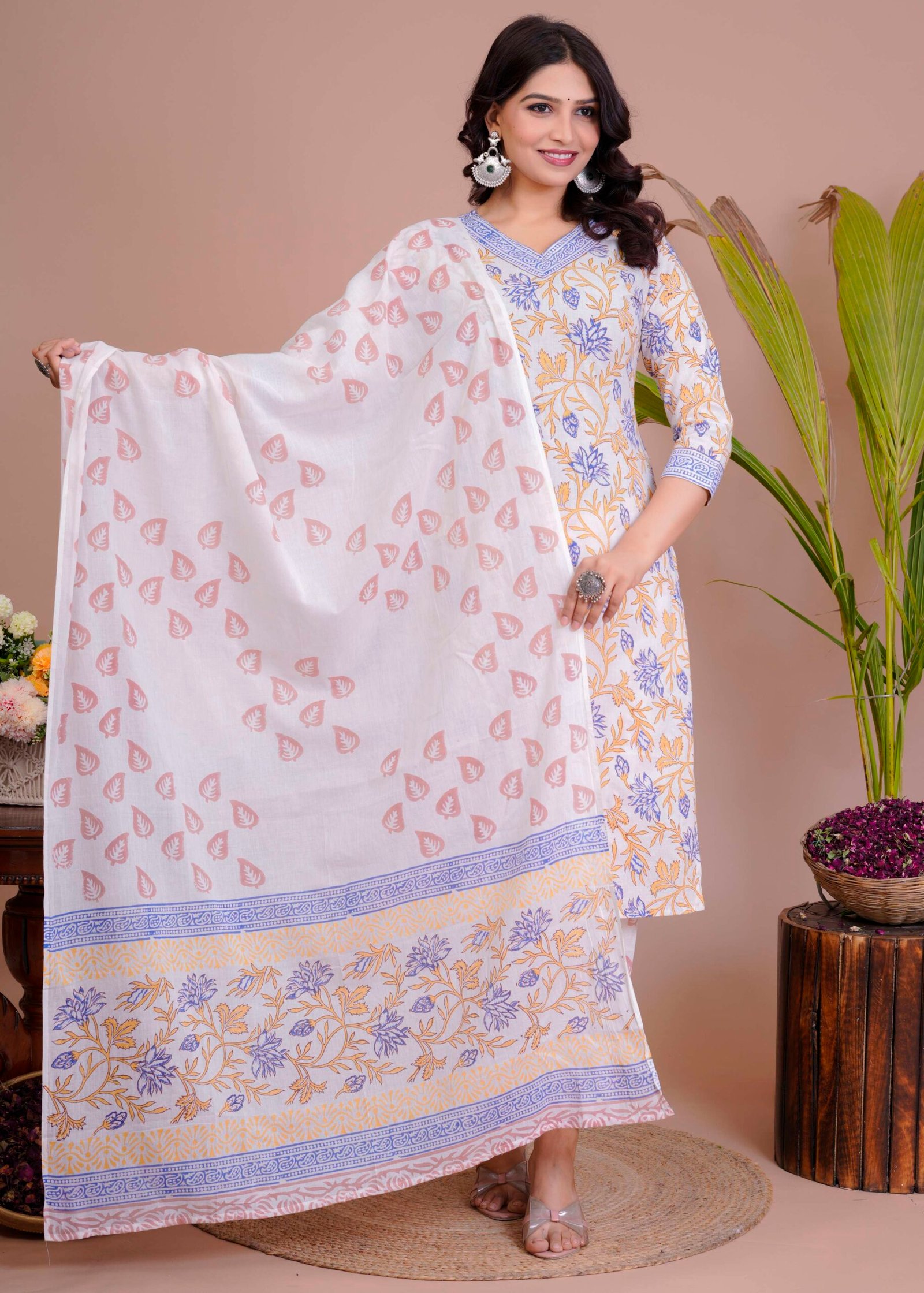 Women's White & Yellow Floral Cotton Straight Kurti with Pant & Dupatta Set