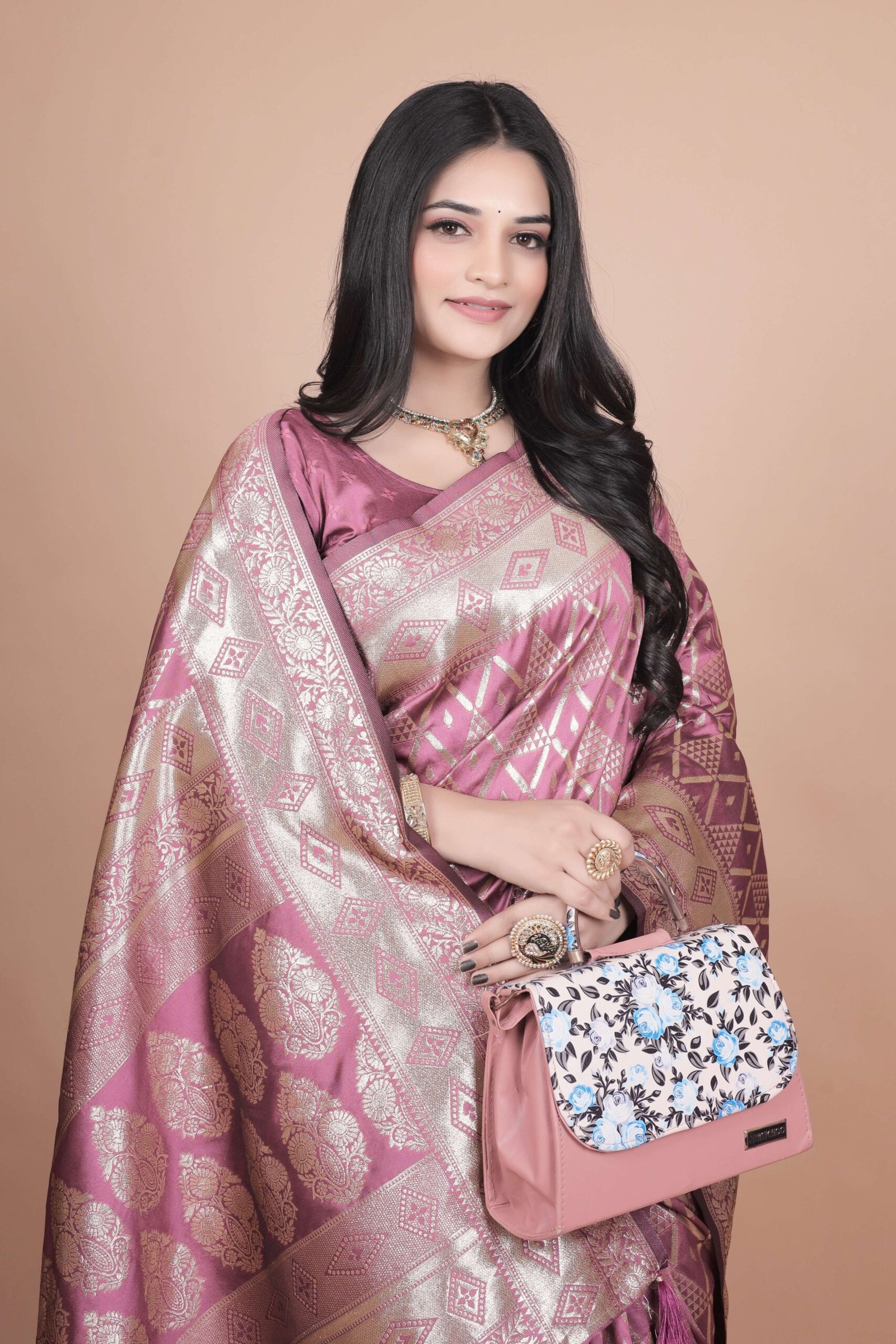 Mauve Banarasi Silk Saree with Silver Geometric & Floral Zari | Wedding & Festive Wear | Elegant Designer Saree - Image 4