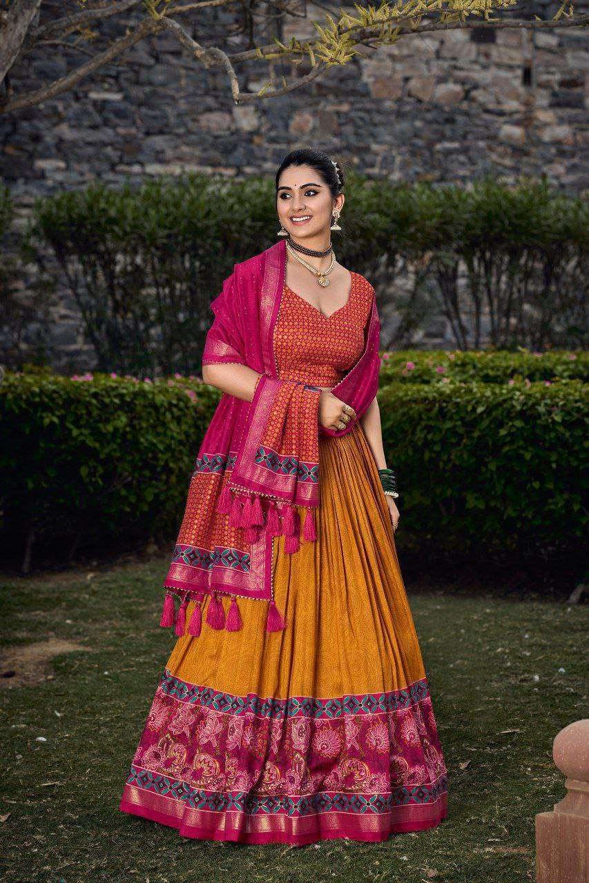 Red Tussar Silk Lehenga Choli with Yellow Blouse | Floral & Foil Print | Wedding & Festive Wear - Image 3