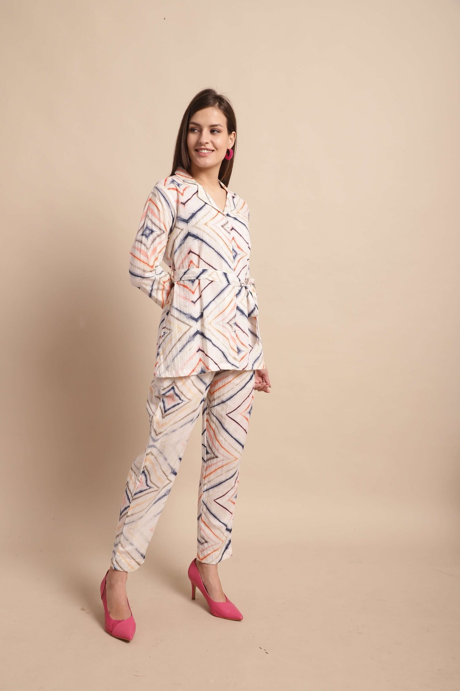 Women's Pure Cotton Printed Collared Top and Pant Co-ord Set (White) - Image 4