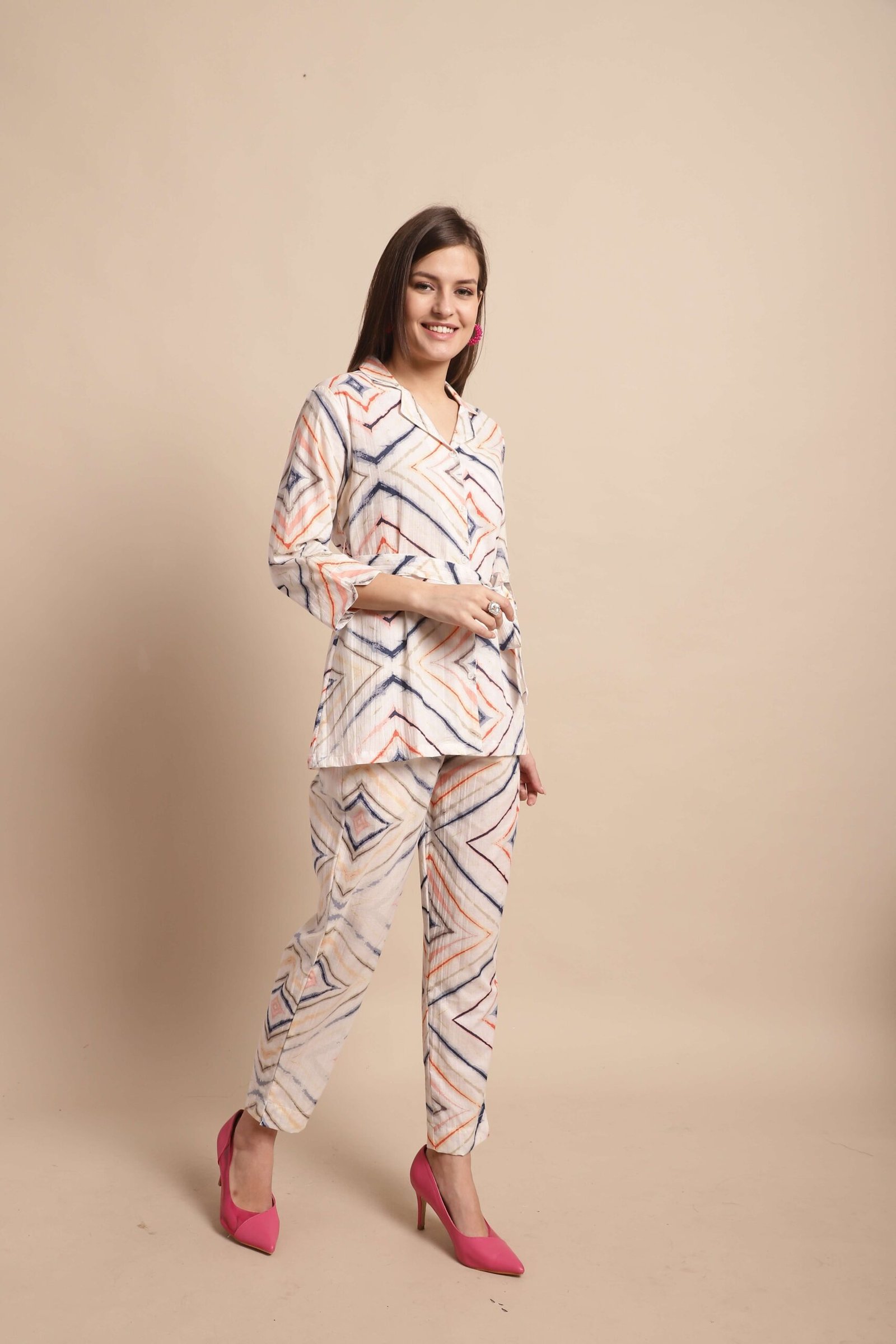 Women's Pure Cotton Printed Collared Top and Pant Co-ord Set (White) - Image 3