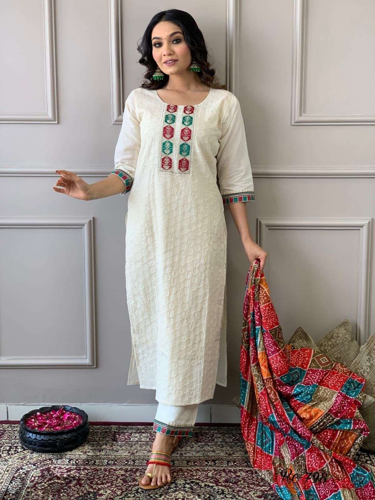 Women's Cotton Chikankari Print Straight Kurti with Pant andMulmul Dupatta Set - Image 3