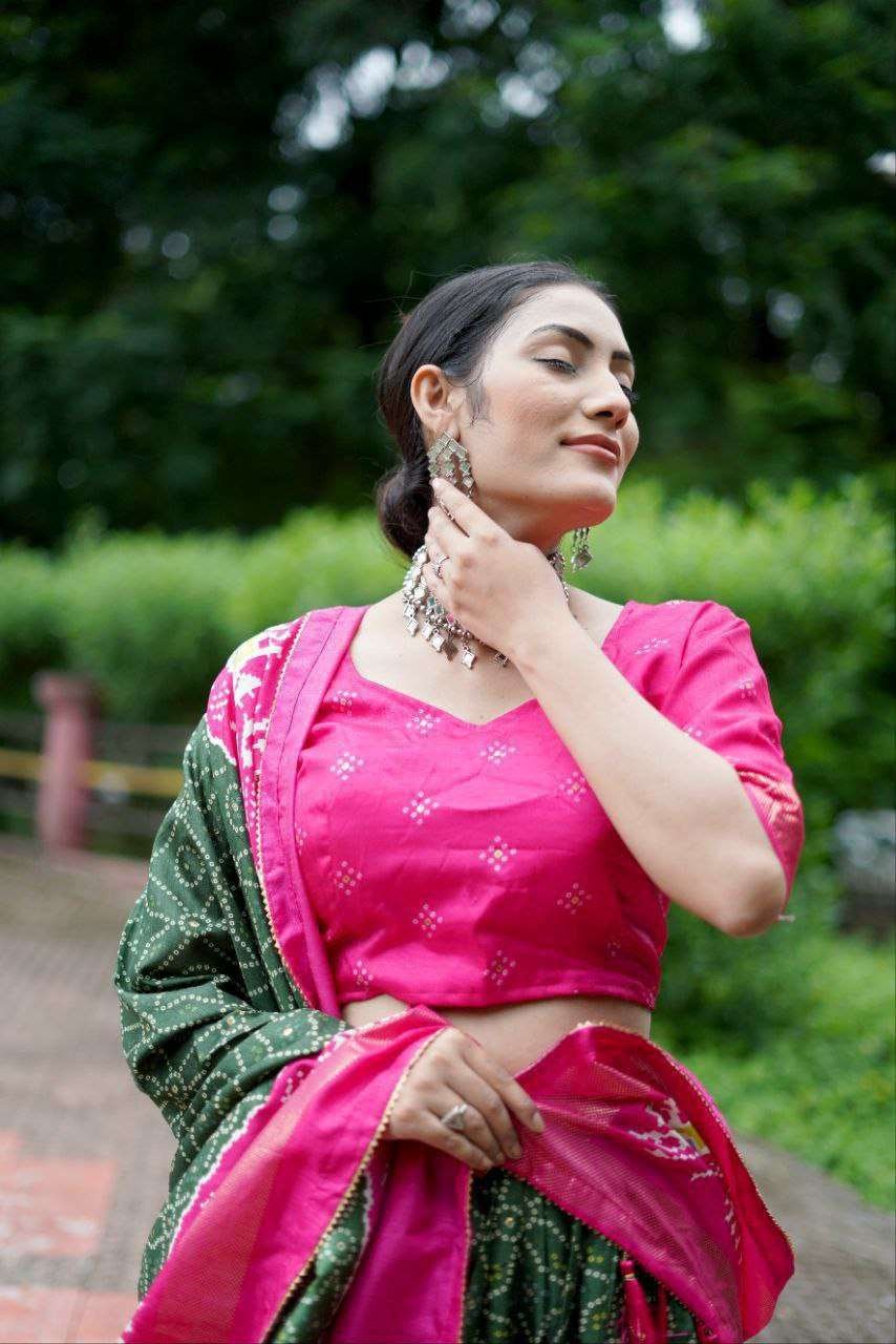 Bottle Green Dola Silk Lehenga Choli with Pink Blouse | Bandhej & Ajarakh Print | Wedding & Festive Wear - Image 3