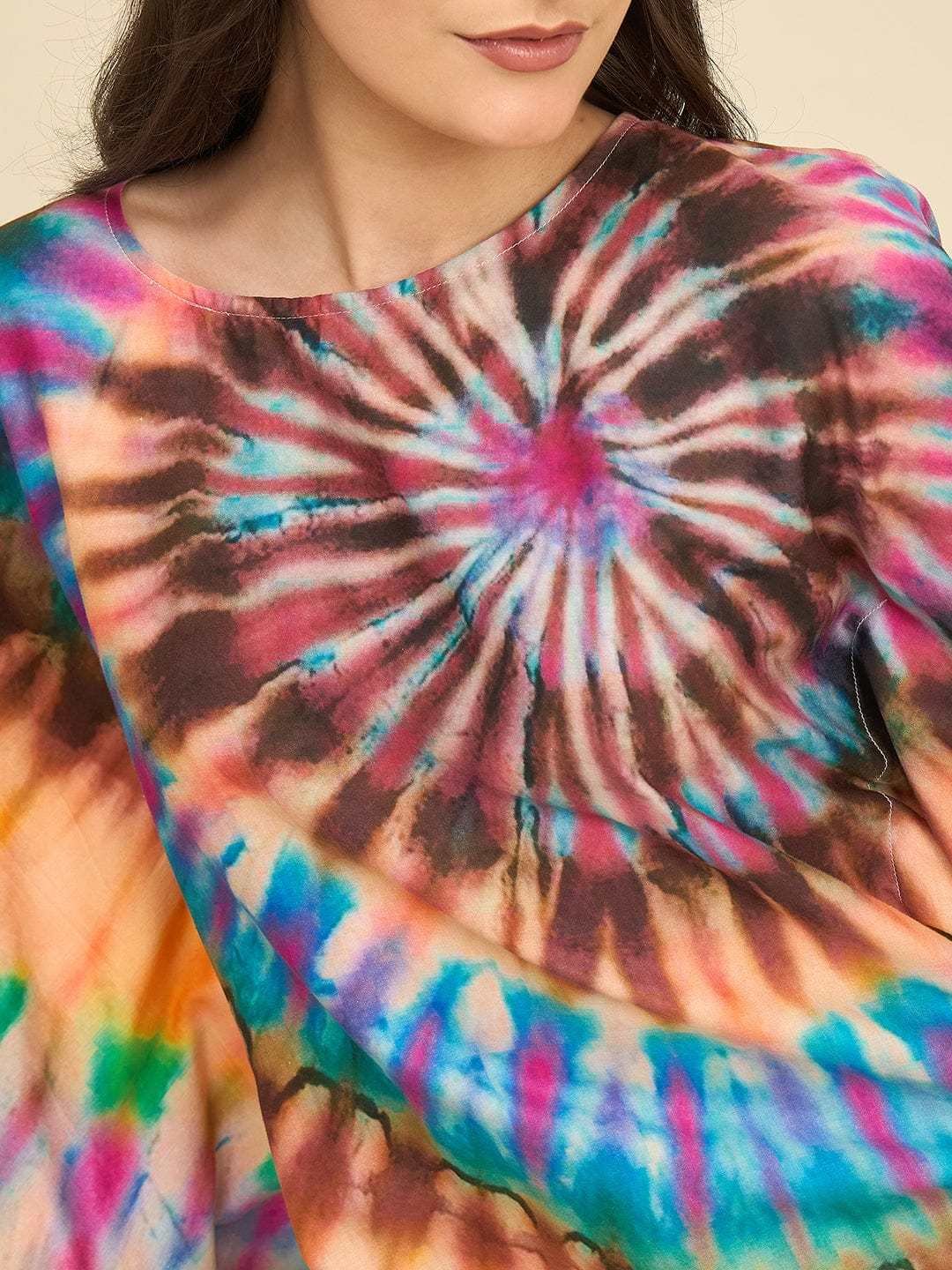 Women's Cotton Tie Dye Print Flowing Bell Sleeves Full Length Kaftan Drees Casual Beach Wear ( Turquoise Yellow ) - Image 3