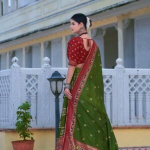 Mehndi Green Tussar Silk Lehenga Choli with Maroon Blouse | Bandhani Peacock & Foil Print | Wedding & Festive Wear