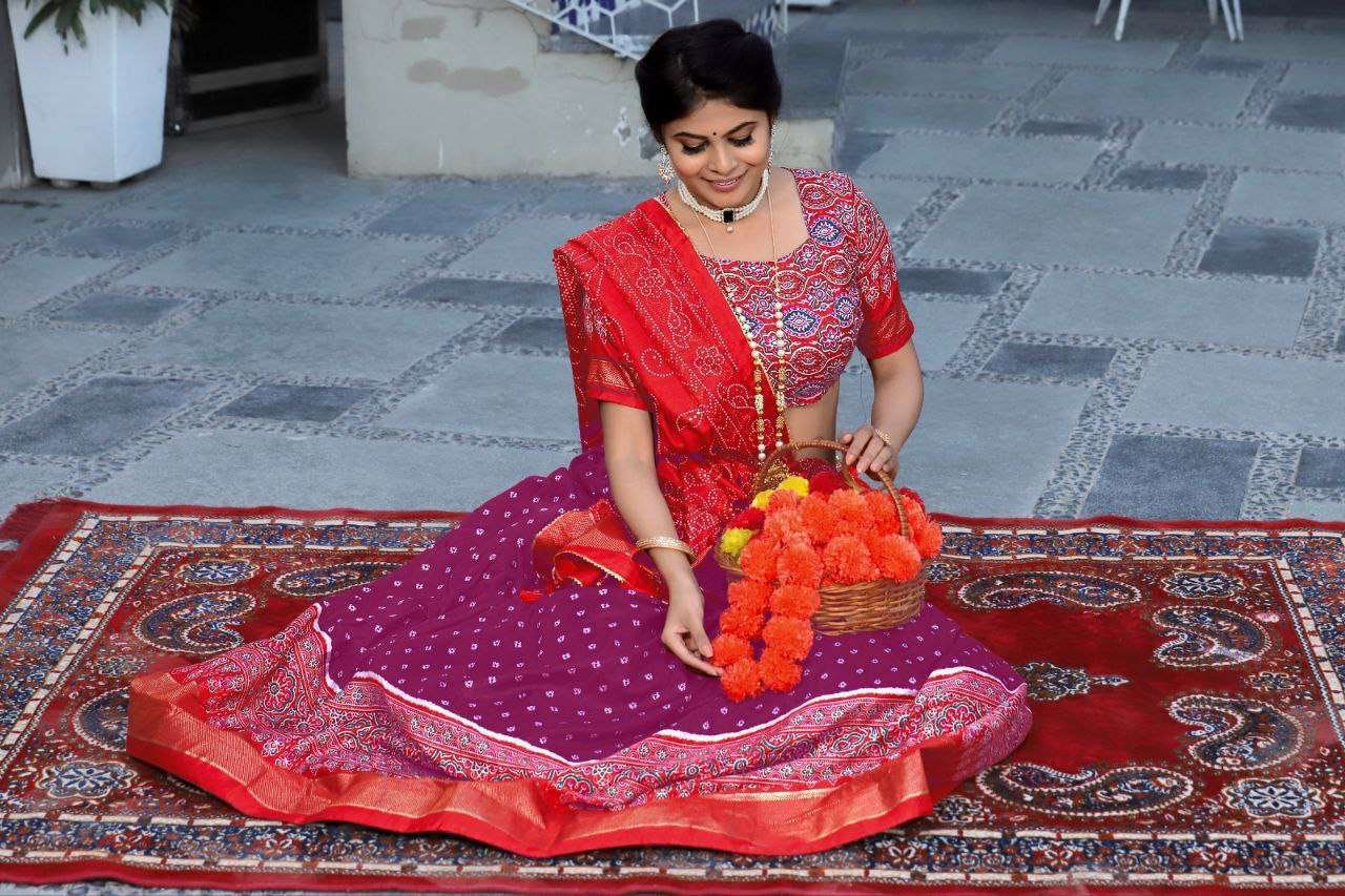 Purple Tussar Silk Lehenga Choli with Red Blouse | Patola Print & Foil Work | Wedding & Festive Wear