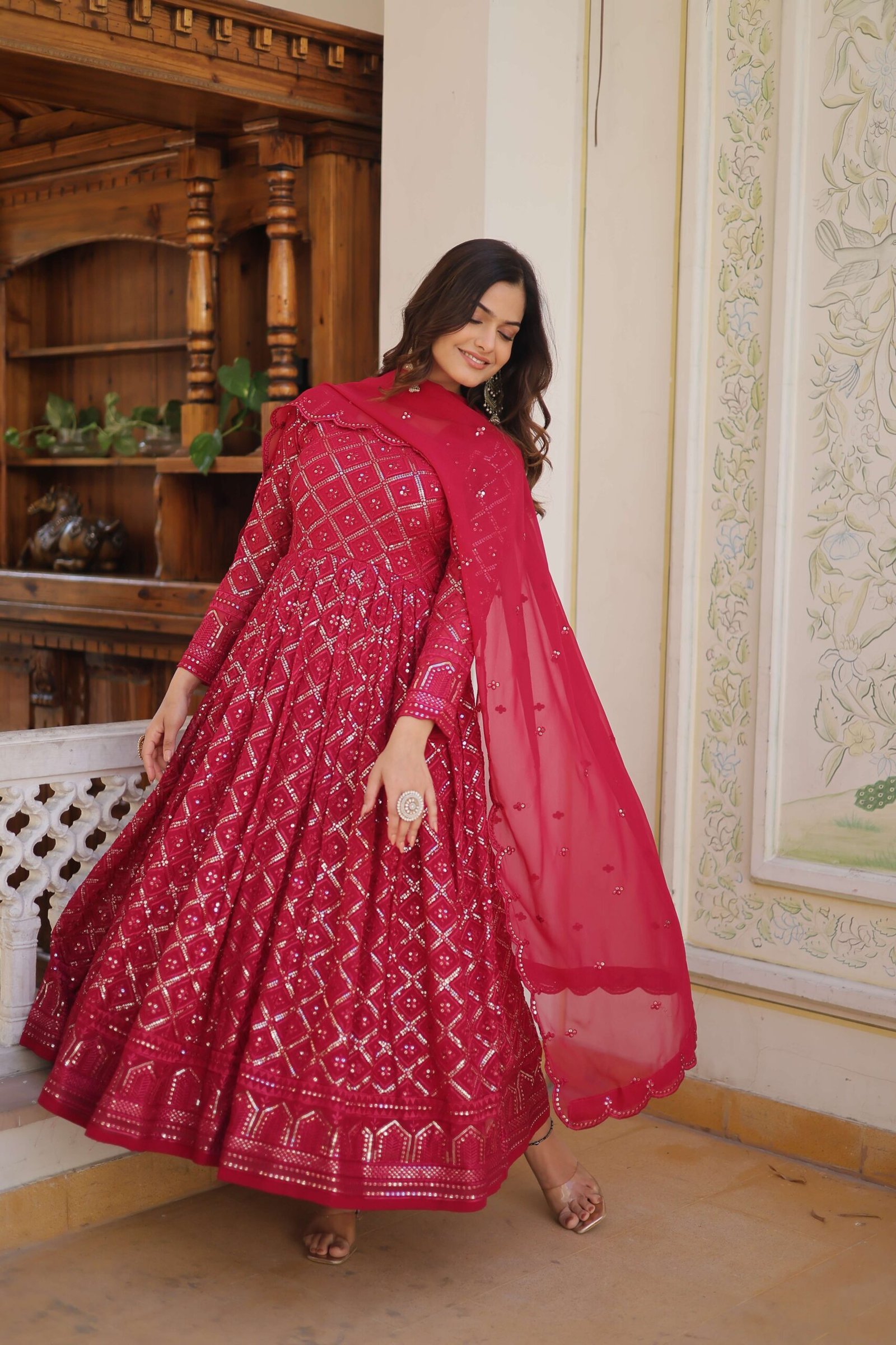 Rani Faux Blooming Designer Gown with Sequined Dupatta ? Elegant Fully Flared Party & Wedding Set - Image 8