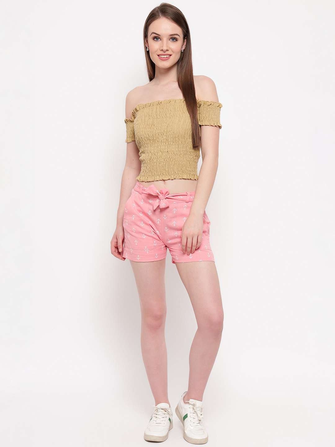 Women's Rayon Solid Off-Shoulder Smocked Crop Top Short Sleeve Casual Styles Tank Top (FREE SIZE) Multi19 - Image 4