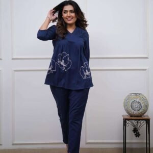 Women's Cotton Rose Printed Short Anarkali Kurta with Pant Western wear Cord Set