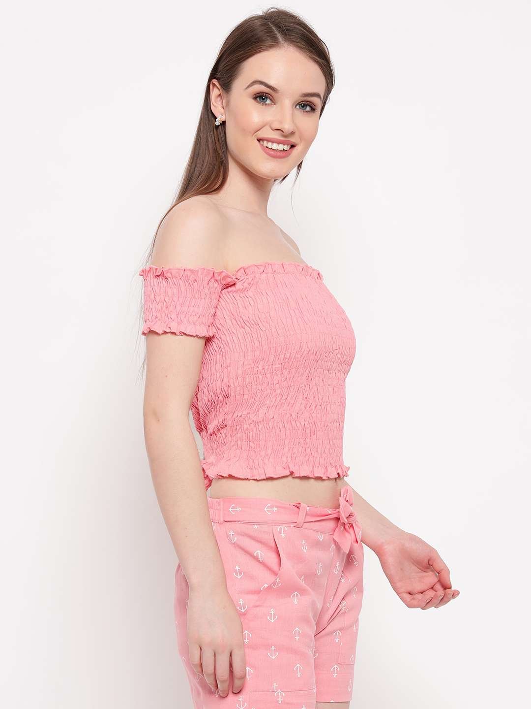 Women's Rayon Solid Off-Shoulder Smocked Crop Top Short Sleeve Casual Styles Tank Top (FREE SIZE) Multi16 - Image 2