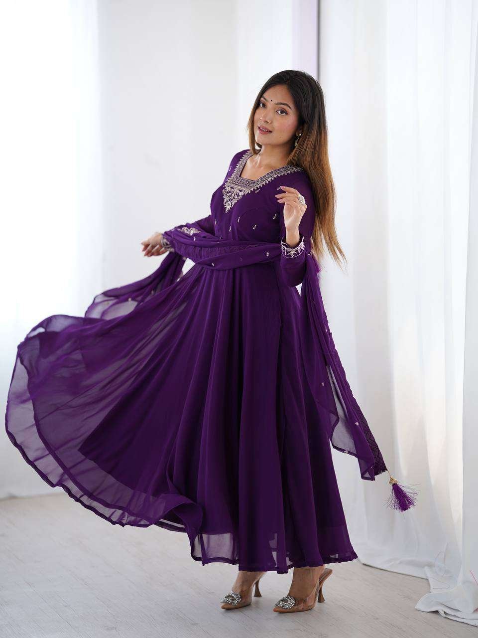 Womens Fox Georgette Anarkali Kurti with Pant & Dupatta Set - Image 4