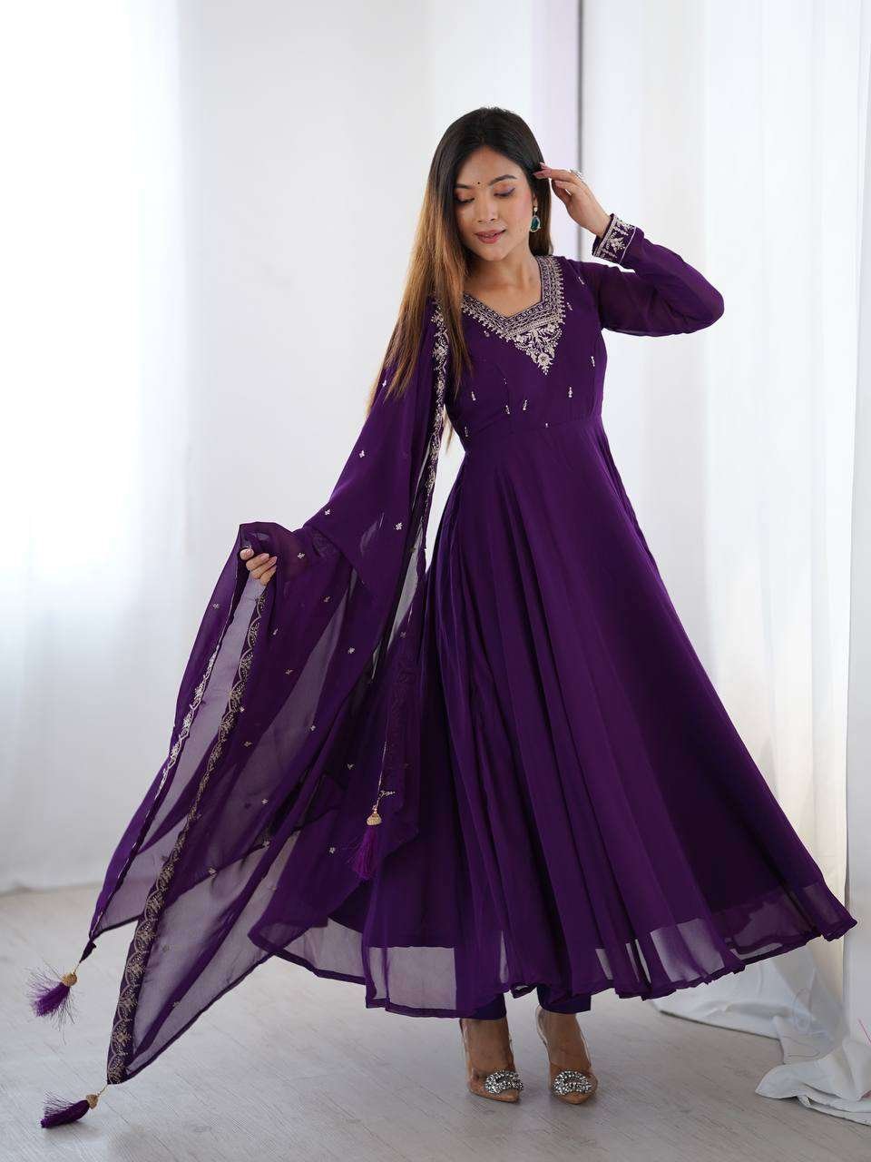 Womens Fox Georgette Anarkali Kurti with Pant & Dupatta Set - Image 3