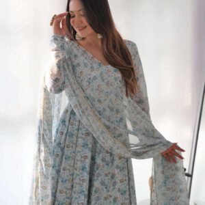 Womens Crunchy Silk Anarkali Kurti with Pant & Dupatta Set
