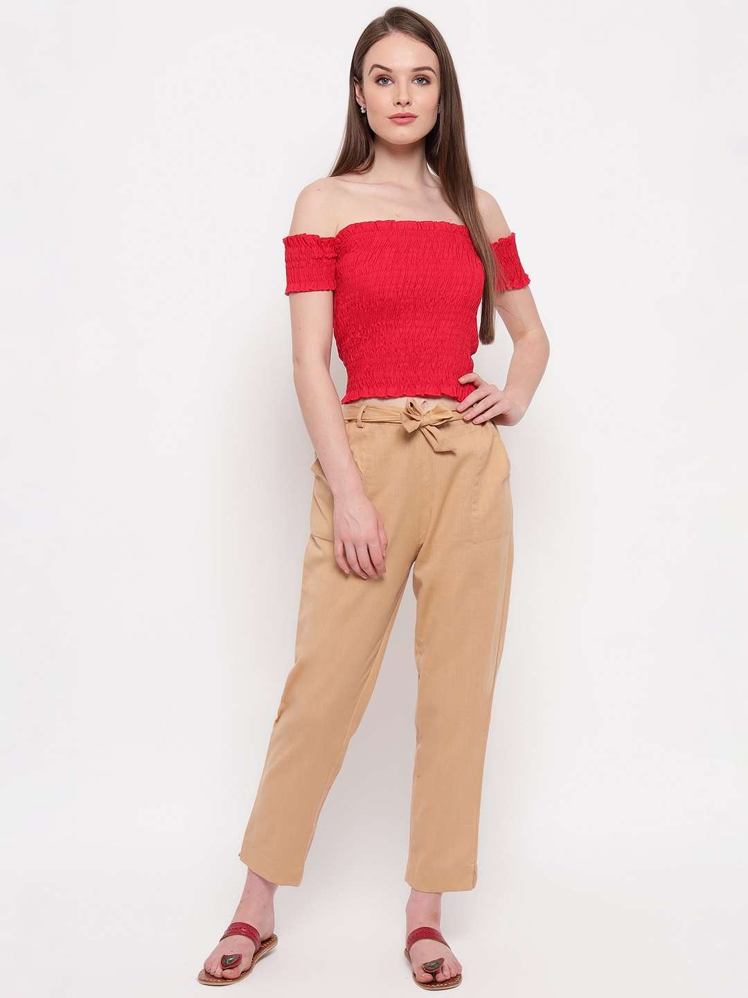 Women's Rayon Solid Off-Shoulder Smocked Crop Top Short Sleeve Casual Styles Tank Top (FREE SIZE) Multi28 - Image 4