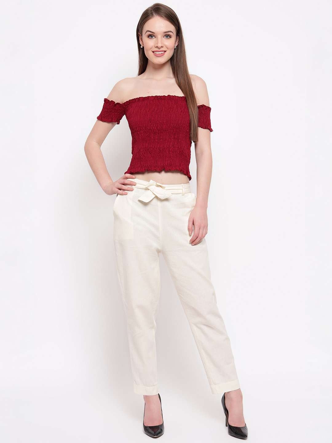 Women's Rayon Solid Off-Shoulder Smocked Crop Top Short Sleeve Casual Styles Tank Top (FREE SIZE) Multi23 - Image 4