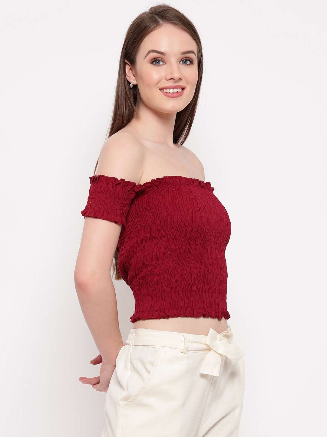 Women's Rayon Solid Off-Shoulder Smocked Crop Top Short Sleeve Casual Styles Tank Top (FREE SIZE) Multi23 - Image 2