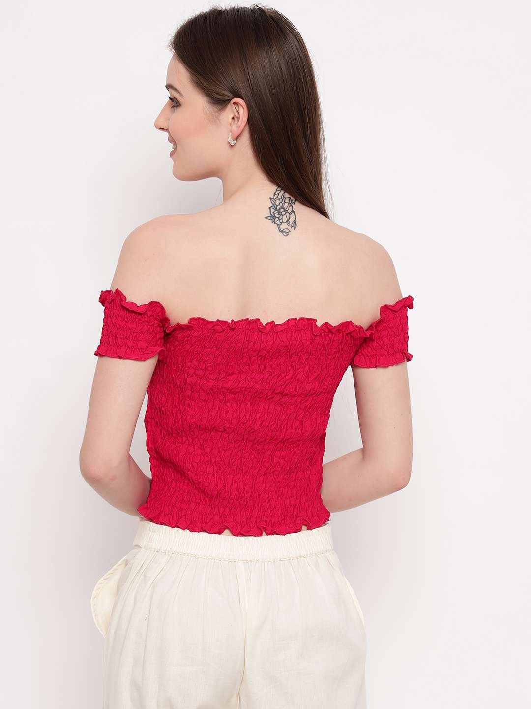 Women's Rayon Solid Off-Shoulder Smocked Crop Top Short Sleeve Casual Styles Tank Top (FREE SIZE) Multi26 - Image 2