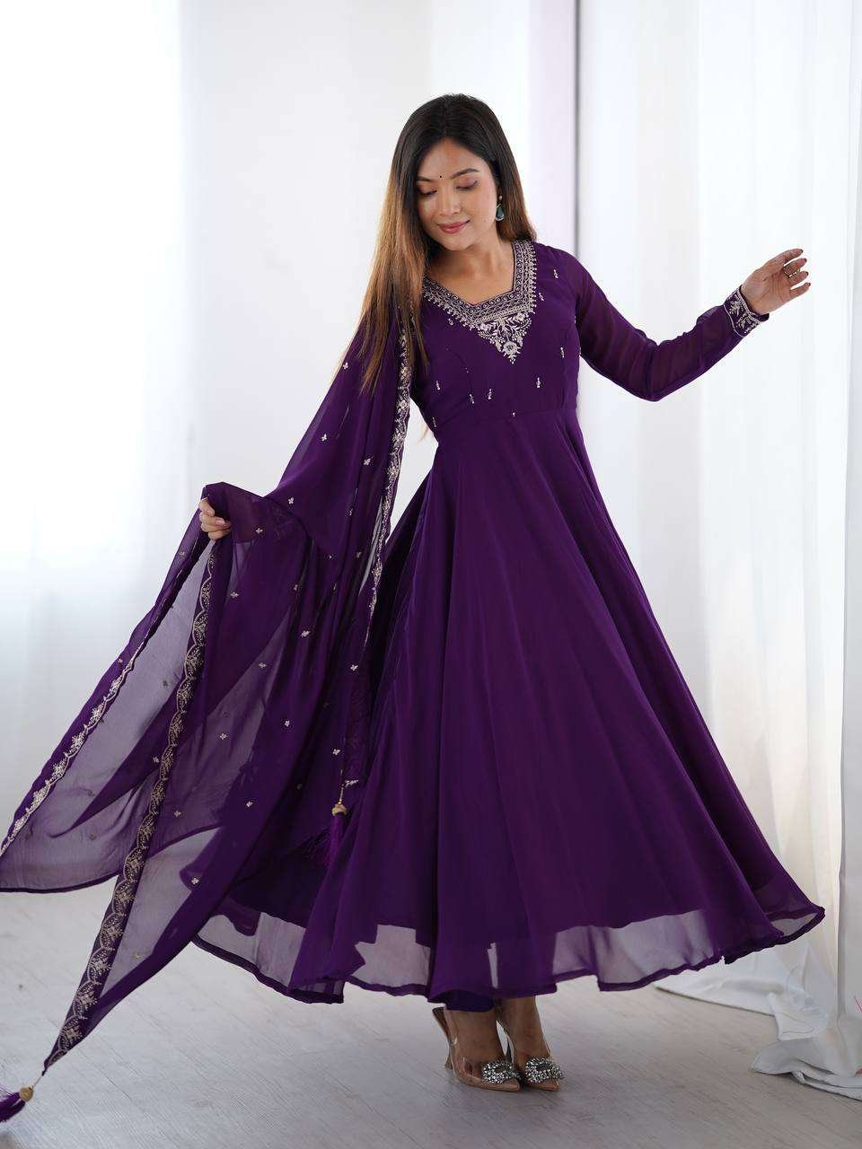 Womens Fox Georgette Anarkali Kurti with Pant & Dupatta Set